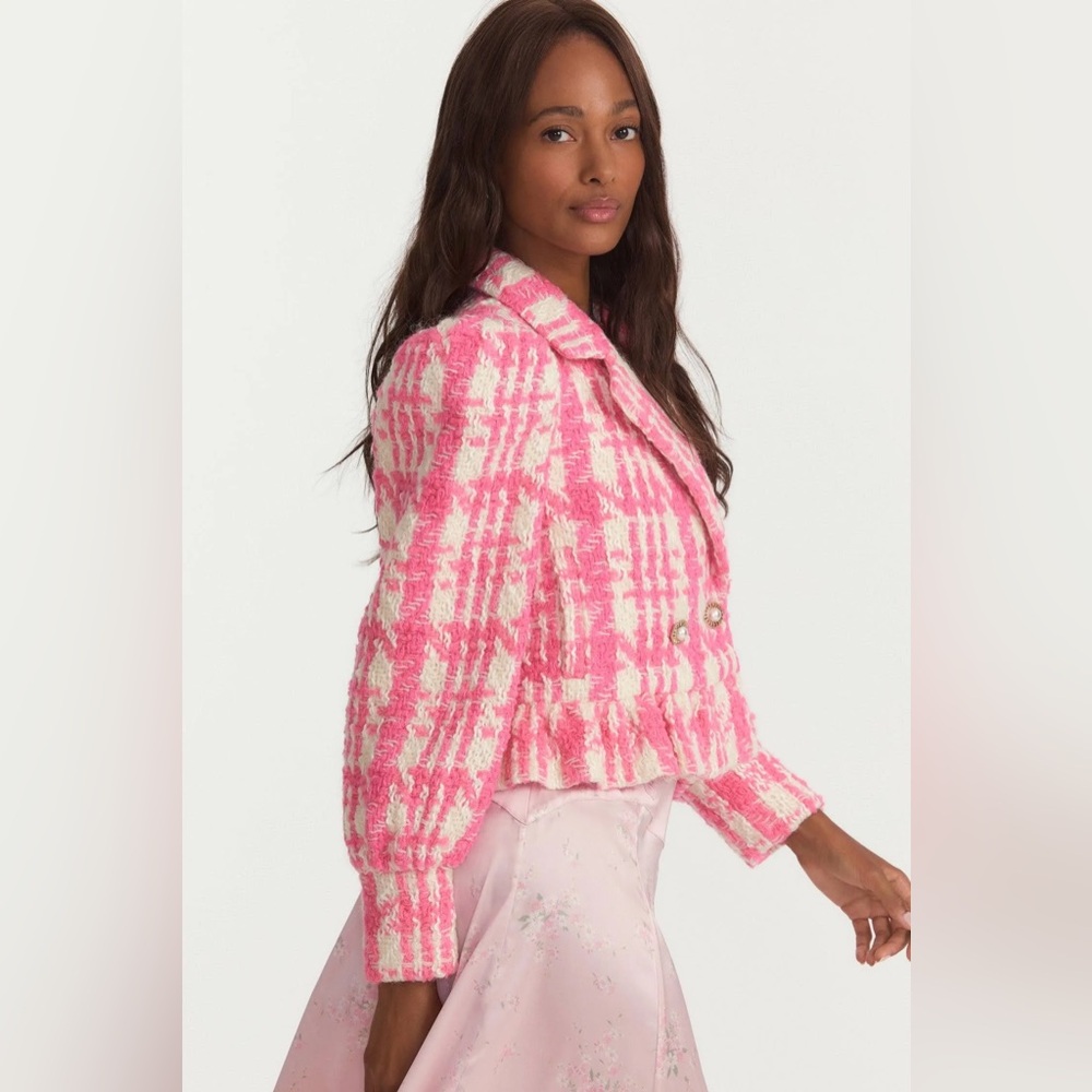LoveShackFancy Braelynn Crop Wool Tweed Jacket in Majestic Pink, Size Medium NWT